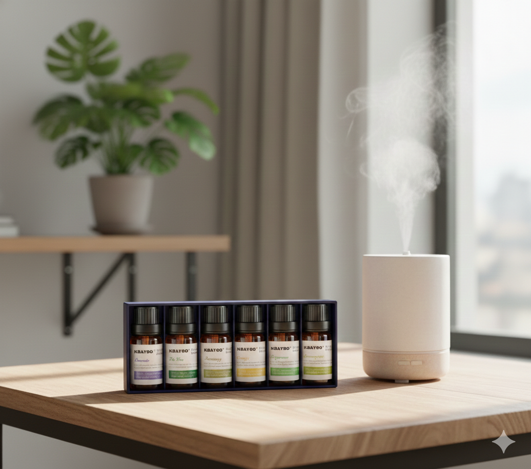 Aromatherapy diffuser and essential oil bottles on a wooden surface with a plant in the background.