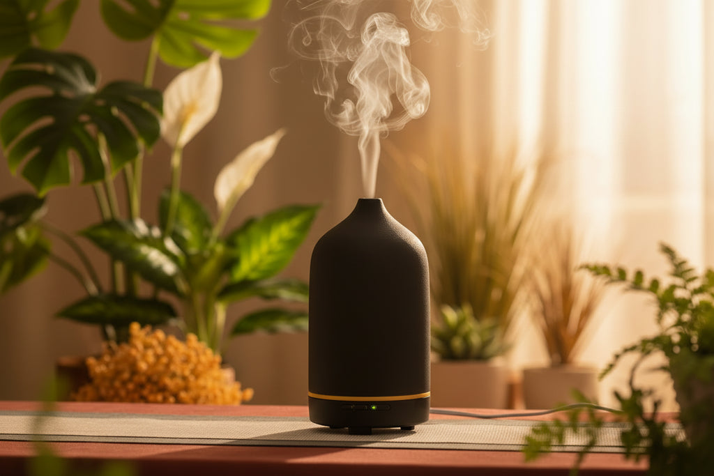 Black essential oil diffuser emitting mist on a blurred background