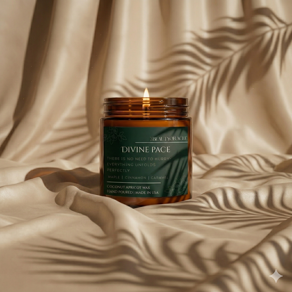Candle in a jar labeled 'Divine Pace' on a beige fabric background