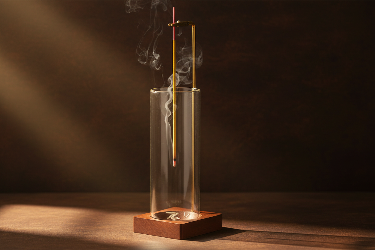 Incense stick with smoke in a glass container on a wooden base against a dark background