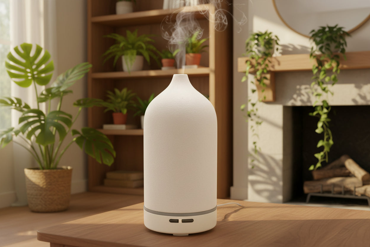 White ceramic diffuser on a cozy warm background with plants