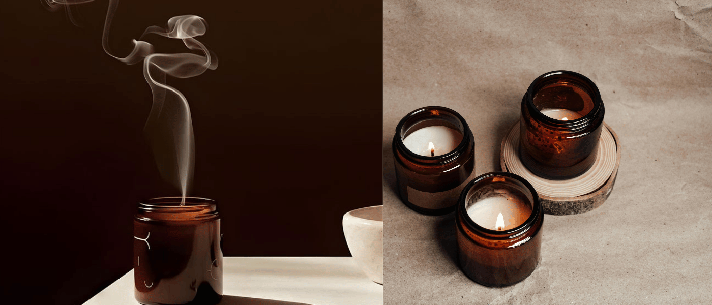 Two images of candles; one with smoke rising from a jar, the other three candles in jars on a stone surface.